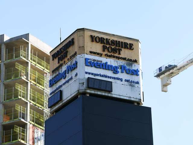 The old Yorkshire Post building clock tower on Wellington Street. 27th March 2020.