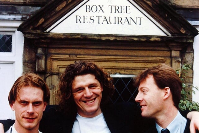 Marco Pierre-White with Box Tree head chef Michael Lambie (left) and restaurant manager Andrew Young (right) in April 1993.