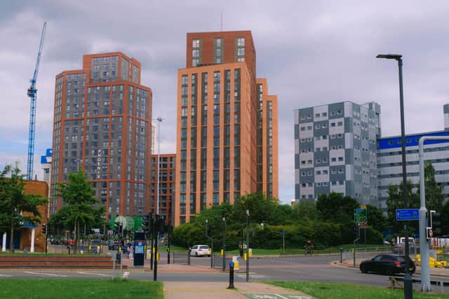 Photo shows the new Saxton Heights devleopment (middle).