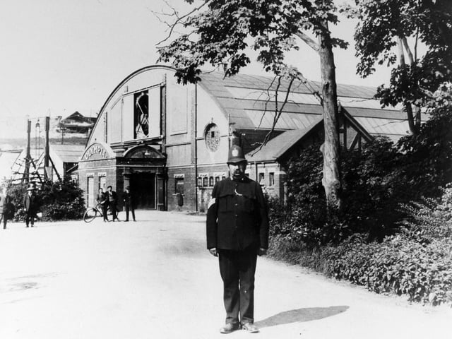 A police presence outside the Blackburn Aeroplane Company's Olympia works in Roundhay. Robert Blackburn took over the former roller skating rink after a crucial meeting with Winston Churchill.