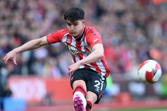 SOUTHAMPTON, ENGLAND - MARCH 20: Tino Livramento of Southampton in action during the Emirates FA Cup Quarter Final match between Southampton and Manchester City at St Mary's Stadium on March 20, 2022 in Southampton, England. (Photo by Mike Hewitt/Getty Images)