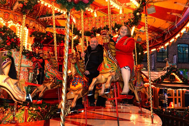 The old Lord Mayor of Leeds, Councillor Jane Dowson, enjoying the merry go round with Kurt Stroscher at the Leeds German Christmas Market back in 2017.