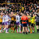Players clash during Castleford Tigers' Easter loss to Wakefield Trinity. Picture by Alex Whitehead/SWpix.com.