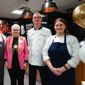 Lord Mayor of Leeds Coun Al Garthwaite with students, plus chefs from Rational Kitchens, at the launch of new training kitchens at Leeds City College's Printworks Campus. Picture: Matt Radcliffe Photography.