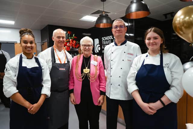 Lord Mayor of Leeds Coun Al Garthwaite with students, plus chefs from Rational Kitchens, at the launch of new training kitchens at Leeds City College's Printworks Campus. Picture: Matt Radcliffe Photography.