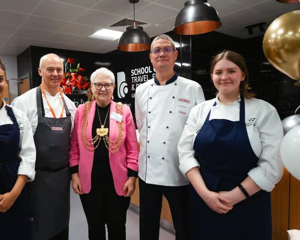 Lord Mayor of Leeds Coun Al Garthwaite with students, plus chefs from Rational Kitchens, at the launch of new training kitchens at Leeds City College's Printworks Campus. Picture: Matt Radcliffe Photography.