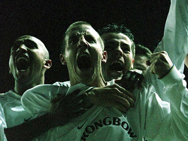 Lee Bowyer, Olivier Dacourt and Ian Harte celebrate opening the scoring at Elland Road against Spanish giants Barcelona. (Picture Credit: Clive Mason/ALLSPORT)