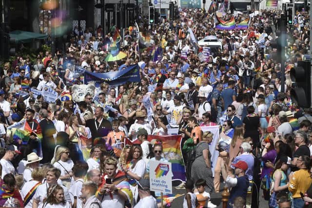 SEA OF COLOUR: For the 2022 Leeds Pride parade on Vicar Lane. Picture by Steve Riding.
