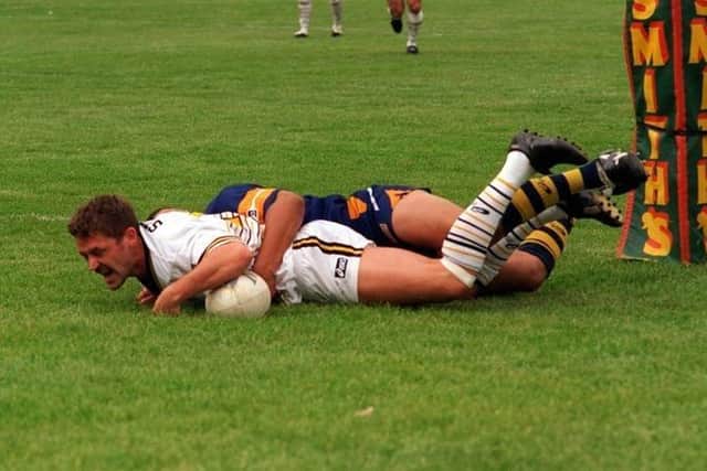 Graham Steadman scores for Castleford Tigers in a 30-30 draw with Leeds Rhinos at Wheldon Road in May, 1997. Picture by Mike Cowling.