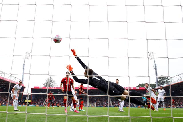 BOURNEMOUTH, ENGLAND - APRIL 30: Illan Meslier of Leeds United attempts to save a goal scored by Jefferson Lerma (not pictured) of AFC Bournemouth, his team's first goal during the Premier League match between AFC Bournemouth and Leeds United at Vitality Stadium on April 30, 2023 in Bournemouth, England. (Photo by Michael Steele/Getty Images)