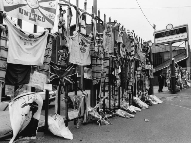 Tributes from fans draped on the railings at Elland Road in June 1989 after the death of the club's legendary manger Don Revie.