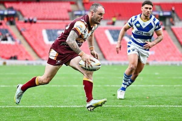 Dale Morton scores Batley's first try in the 1895 Cup final defeat by Halifax Panthers. Picture by Will Palmer/SWpix.com.