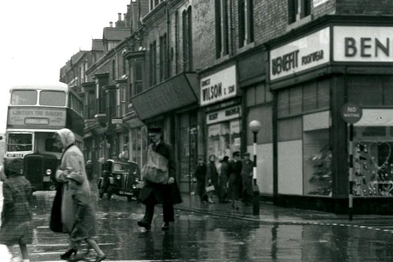 Ernest Wilsons and the Benefit Shoe Shop on a rainy day in the late 1950s. Photo: Hartlepool Museum Service.