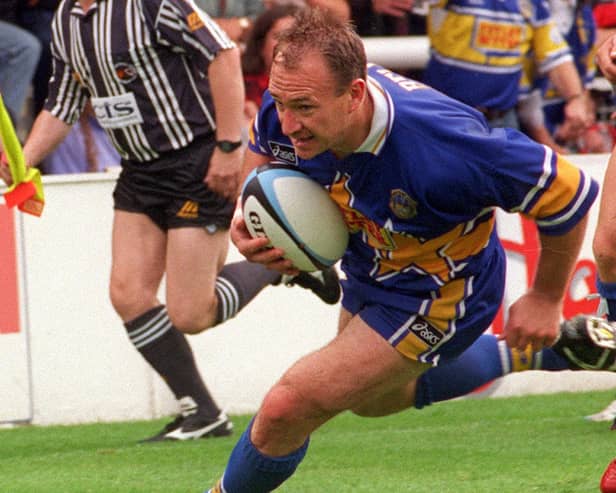 Leeds player-coach Dean Bell scores against Paris in 1996, his first game in blue and amber for 12 years. Picture by Steve Riding.