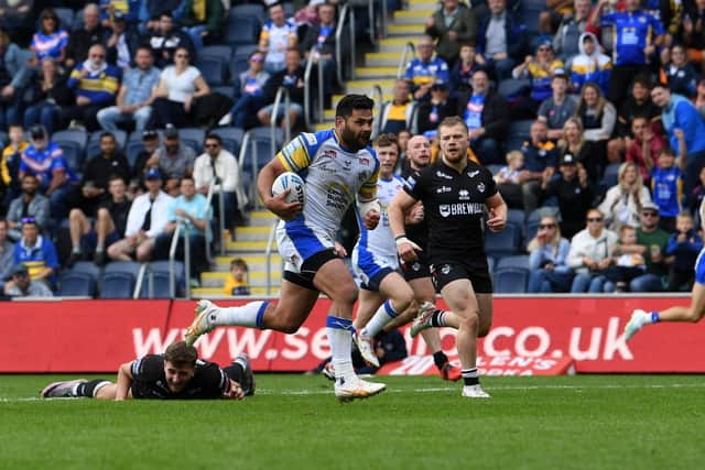 Rhyse Martin, seen scoring a try against London Broncos, will leave Leeds Rhinos at the end of this season, creating space on the club's salary cap. Picture by Jonathan Gawthorpe.