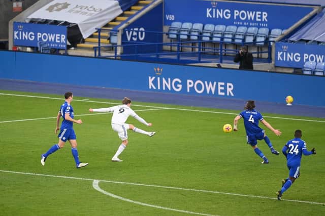 Patrick Bamford cfires home his goal against Leicester.