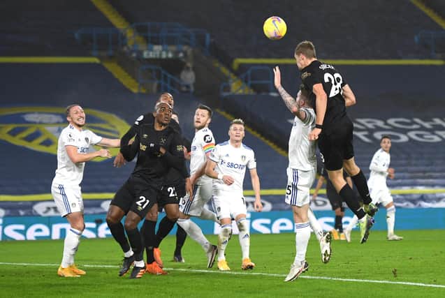 Tomas Soucek of West Ham United scores their sides first goal during the Premier League match between Leeds United and West Ham United at Elland Road on December 11, 2020.