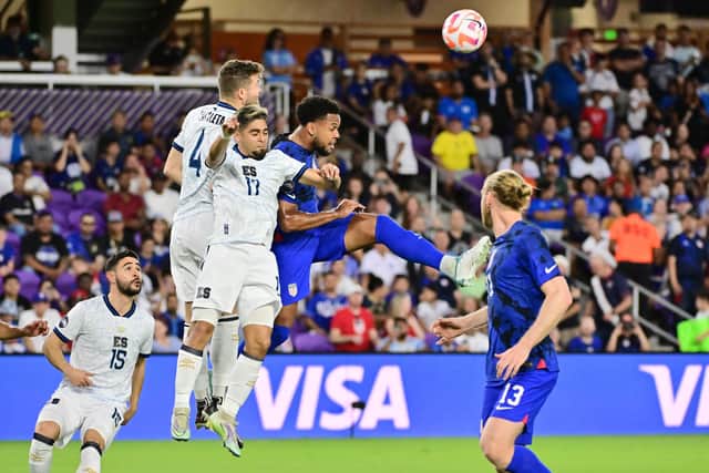 SOLDIERING ON: Leeds United's Weston McKennie, centre, for the USA against El Salvador. Photo by Julio Aguilar/Getty Images.