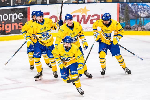 ON TARGET: Leeds Knights' Daragh Spawforth (centre) and Edgars Vengis (far right) both got their first NIHL National goals at the weekend against Bristol Pitbulls. Picture: Kev Bland/Knights Media.