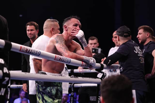 Josh Warrington dejected after his loss at the Leeds Arena. Picture: Mark Robinson/Matchroom Boxing.