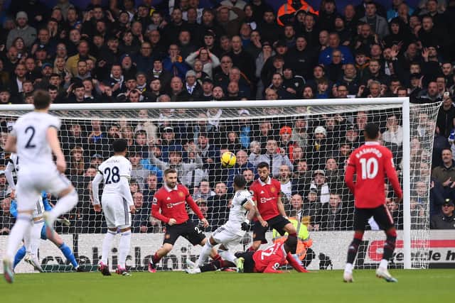 CHANCE: But Leeds United winger Crysencio Summerville fires over the bar in the fourth minute of Sunday's Roses derby against Manchester United at Elland Road. Photo by Stu Forster/Getty Images.