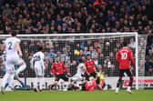 CHANCE: But Leeds United winger Crysencio Summerville fires over the bar in the fourth minute of Sunday's Roses derby against Manchester United at Elland Road. Photo by Stu Forster/Getty Images.