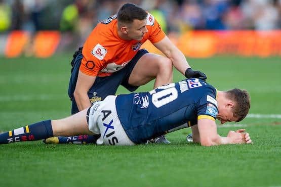 Morgan Gannon suffered an ankle injury during Rhinos' one-point loss to St Helens at Headingley in May. Picture by Allan McKenzie/SWpix.com.