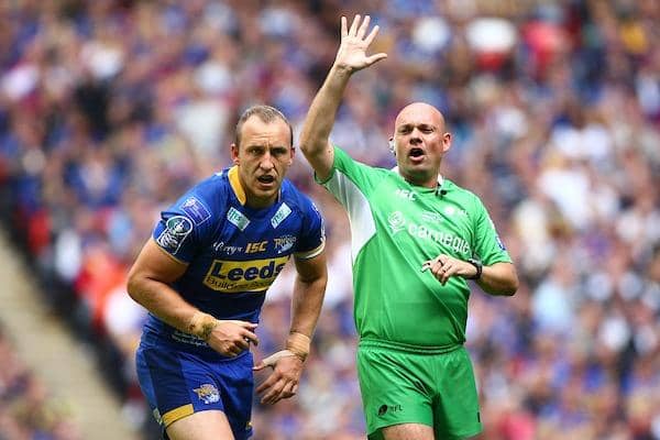 Referee Phil Bentham with Leeds Rhinos' Carl Ablett during the 2011 Challenge Cup final, won by Wigan Warriors, at Wembley. Picture by Vaughn Ridley/SWpix.com.