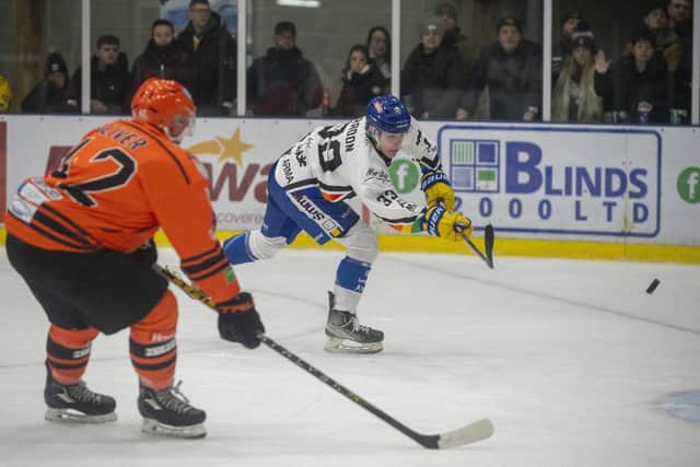 HOT SHOT: Finley Bradon tries his luck on Brad Day's goal during Leeds Knights' 5-1 win over Telford Tigers on Friday night. Picture: Bruce Rollinson
19 January 2024
