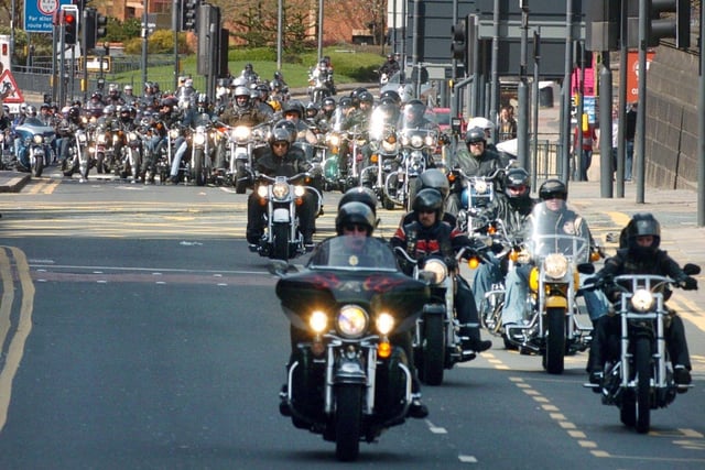 Leeds city centre comes to a standstill as hundreds of Harley Davidson motorcycles parade through, in April, 2006.