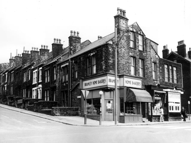 Bramley Home Bakeries Limited at the corner of Hough Lane and Stanningley Road in March 1973. The middle shop is a confectionery and tobacco store and on the far right, is a shop called Windsor's at the corner with Ashdown Street.