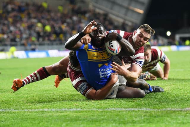 Muizz Mustapha, seen scoring in Leeds' win over Wigan, could feature for Rhinos against his teammates from last season.  Picture by Jonathan Gawthorpe.