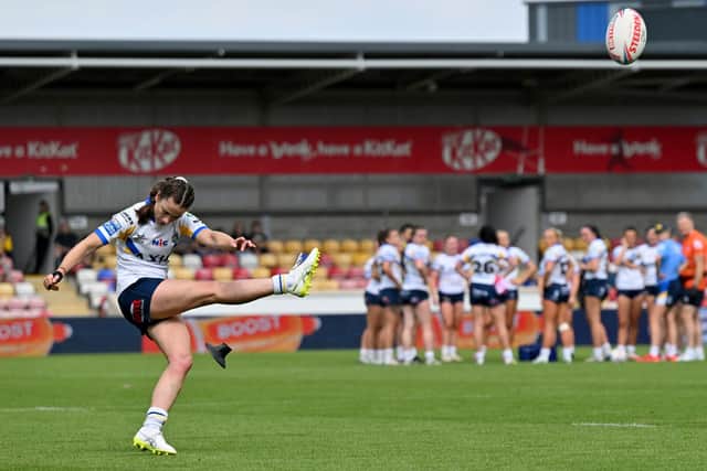 Leeds Rhinos' Mel Howard kicks a conversion against York Valkyrie last month. Picture by Matthew Merrick/SWpix.com.
