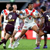 St George-Illawarra Dragons' Emre Guler, who will join Wakefield Trinity in 2027, takes on the Brisbane Broncos defence at Suncorp Stadium last weekend. Photo by Bradley Kanaris/Getty Images.