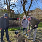 Residents Betty and Paul help put the trees in the ground