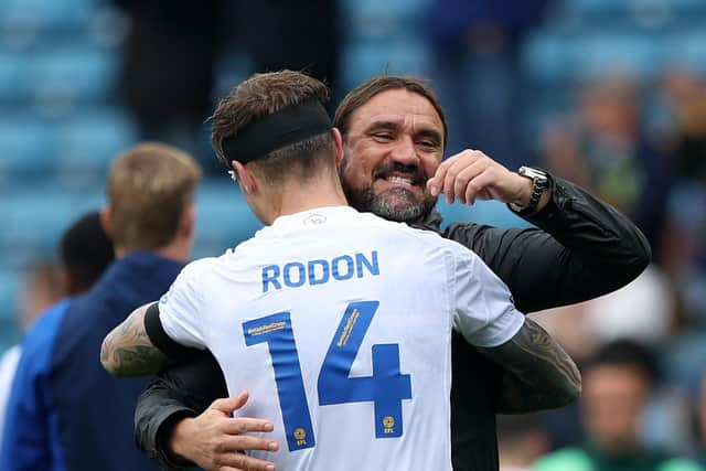 Leeds United manager Daniel Farke celebrates with Leeds United's Joe Rodon after the final whistle in the Sky Bet League Championship match at The Den, London. Picture date: Sunday September 17, 2023. PA Photo. See PA story SOCCER Millwall. (Photo: George Tewkesbury/PA Wire)