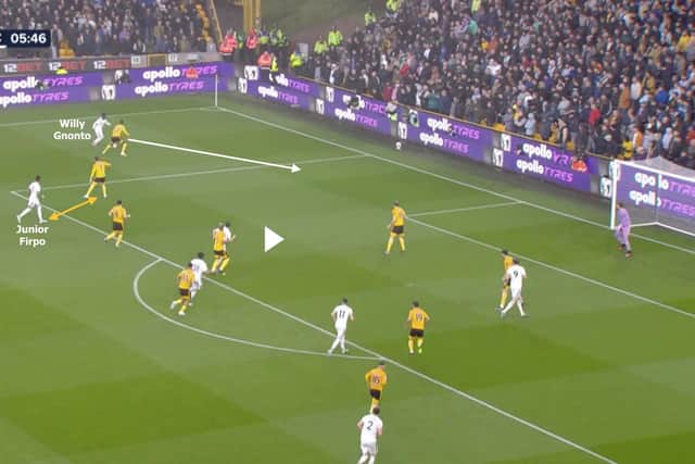 Gnonto is able to drive into the space behind Semedo, where he cuts the ball back for Harrison who loses his marker in the middle. Firpo's presence at the edge of the box, still marked by Neto, ensures Wolves can't double up on Gnonto because the Spaniard's run seconds earlier remains fresh in the memory and requires Neto to keep tabs on him