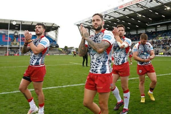 Gareth O'Brien leads Leigh Leopards' celebrations following their win at Headingley last year. Picture by Ed Sykes/SWpix.com.