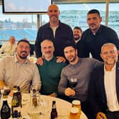 Former players - all of them Grand Final winners - Matt Diskin, Jamie Peacock, Gareth Ellis (standing), Richie Mathers, Chris Clarkson (standing) and Barrie McDermott at the Rhinos Players Association lunch.