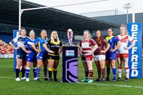 Players from the eight Women's Super League teams at this week's competition launch in York. Left to right: Featherstone's Brogan Churm, Barrow's Jodie Litherland, Leeds' Shona Hoyle, York's Sinead Peach, Wigan's Rachel Thompson, Huddersfield's Bethan Oates, Warrington's Katie May Williams, St Helens' VIcky Whitfield.  Picture by Allan McKenzie/SWpix.com.
