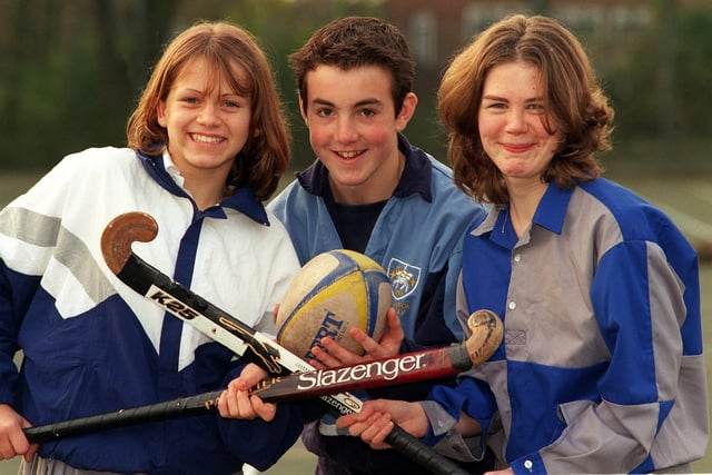 Pupils at Fulneck School  who had been  chosen for City or County teams , Pictured, from left, are Lauren Simpson (representing West Yorkshire U-16s at hockey and netball), Mark Fletcher ( representing Leeds schools at  U-16 rugby) and Jenny Goodall (representing the City of Leeds U-16s at hockey). Pictured in November 1999.