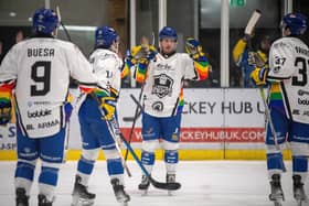 LEADING MAN: Noah McMullin (second right) celebrates scoring Leeds Knights' third goal against Telford Tigers on Friday night. Picture: Bruce Rollinson
19 January 2024