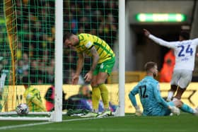 COMEBACK BEGINS: Norwich City's Shane Duffy heads to retrieve the ball after his own goal reduced the Canaries advantage in Saturday's 3-2 defeat against Championship visitors Leeds United at Carrow Road. Photo by George Tewkesbury/PA Wire.
