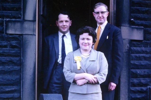 A view of the Liberal committee room on Asquith Avenue for the election of 1963. The Liberal candidate, Frances Sowden, is seen in front with Arthur Whitehead and Trevor Sowden behind.