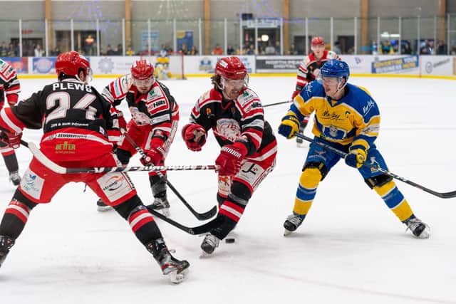 TOUGH NIGHT: Kieran Brown tries to find a way through the Swindon Wildcats defence at Elland Road Ice Arena. Picture courtesy of Oliver Portamento.