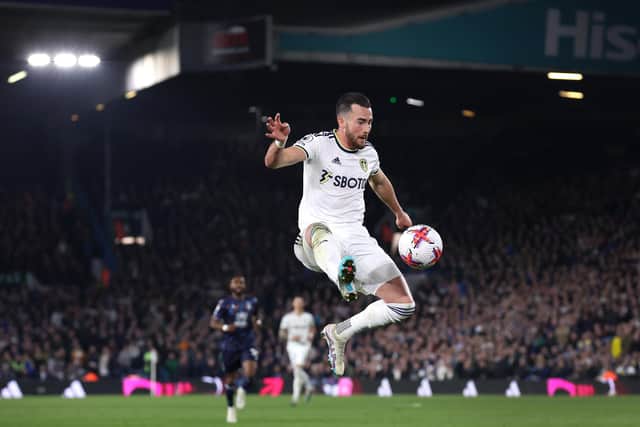 LEEDS, ENGLAND - APRIL 04: Jack Harrison of Leeds United controls the ball during the Premier League match between Leeds United and Nottingham Forest at Elland Road on April 04, 2023 in Leeds, England. (Photo by Alex Livesey/Getty Images)