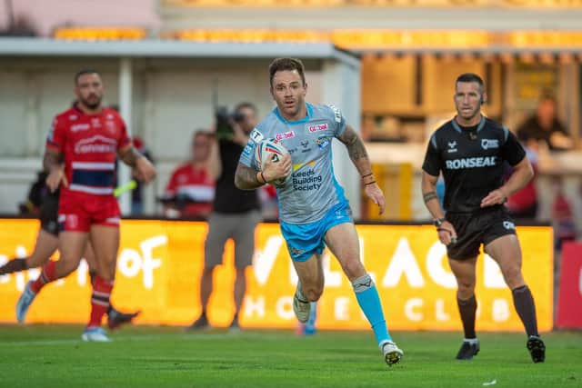 Richie Myler races over for the first of successive tries which got Rhinos back into the game at Hull KR. Picture by Bruce Rollinson.