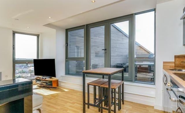 The flat boasts floor to ceiling windows – leading to one of the largest private terraces in the building.