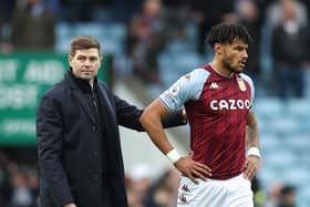 BIRMINGHAM, ENGLAND - MARCH 05: Steven Gerrard embraces Tyrone Mings of Aston Villa after their sides victory during the Premier League match between Aston Villa and Southampton at Villa Park on March 05, 2022 in Birmingham, England. (Photo by Eddie Keogh/Getty Images)