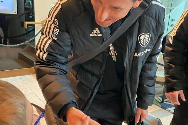 FAN INTERACTION - Leeds United boss Javi Gracia stopped for a chat with eight-year-old Dylan Wale at the team hotel in Bournemouth.